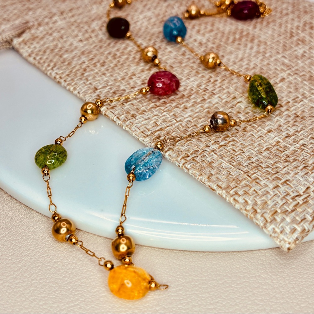 Multicolor Gemstone Beaded Necklace with Gold Accents - Picture 2 of 7